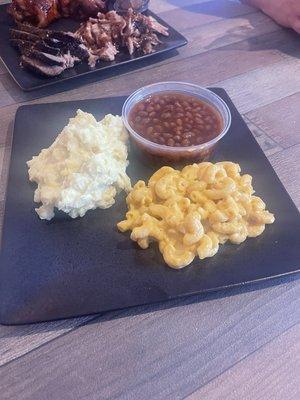 Mac and cheese, BBQ Beans, Potato Salad