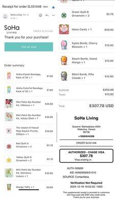 My receipt from the Waikoloa SoHa Living store on 12/18/24 evening.