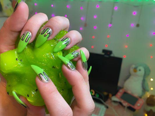 acrylic nails, nail art, green, slime, color.