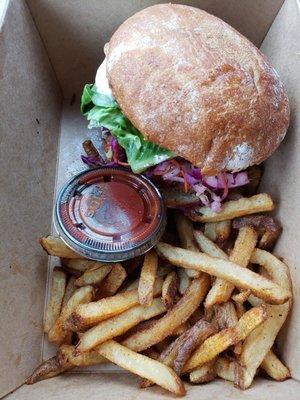 Tempeh fish sandwich and spicy fries