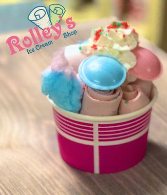 Cotton Candy Pop Rocks infused Rolled Ice Cream.