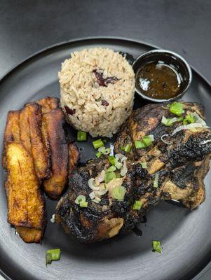 Jerk chicken with Jamaican rice and plantains