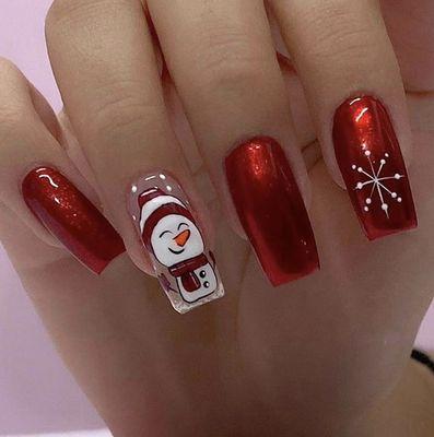 Christmas Nails Cute Snowman Snowflake Design Fake Nails Glossy Red Solid Color Nails Medium Square.