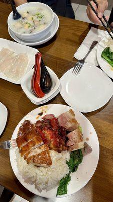 Seafood congee, shrimp rice roll & 3 bbq meats.