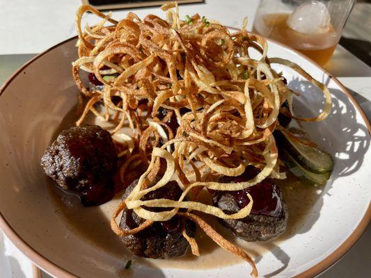 Köttbullar - Swedish-style bison meatballs with allspice gravy, lingonberry, and crispy potatoes