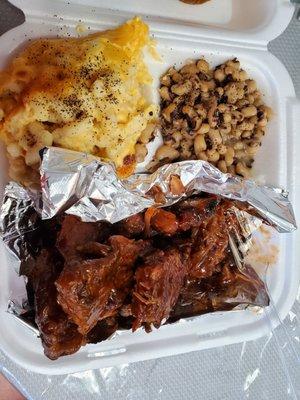 Rib Tips w/ black eyed peas and Mac and cheese.  Large portions with nice home taste.  Will be back soon.