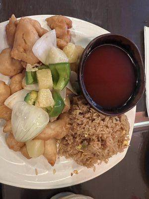 Sweet Sour Chicken Lunch- sauce on side.   Crust tasted like a Chinese donut.  Sugar added?