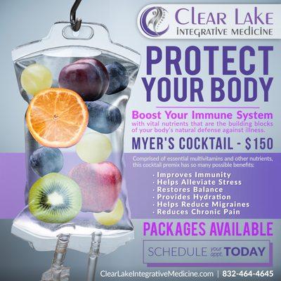 In times like this a strong immune system is crucial, Come on in and give your body what it needs with our exclusive Myer's Cocktail!