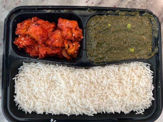 2 combo deal. Chili chicken, mutter paneer, rice and naan.