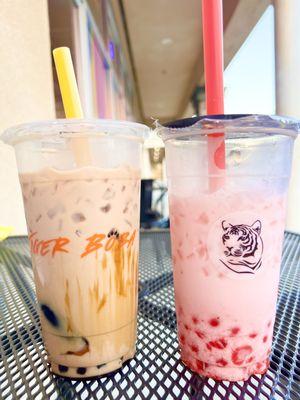 Dirty Tiger & Strawberry Iced-Milk w/strawberry hearts & added popping boba.