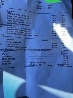 The invoice I paid to B and D for car repair that was not done properly.