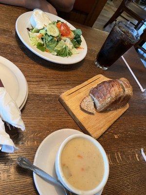 Clam chowder, house salad, bread