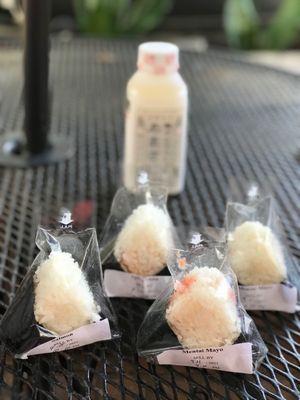 Variety of yummy musubis and some kind of rice milk drink, refreshing.