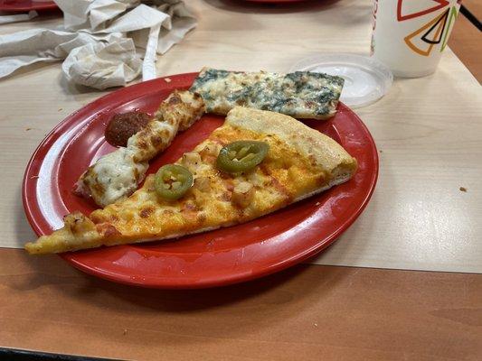 Buffalo Chicken Pizza with jalapeños courtesy of the salad bar