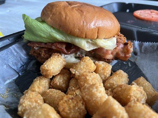 Angry Chicken Sandwich and Tater Tots