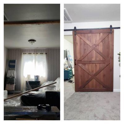 Before and after Loft conversion to in home office space with custom barn door