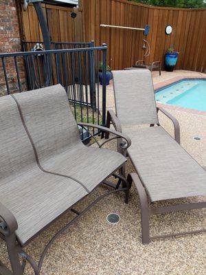 Just had these two chaise and a glider rocker reslung with Crown Cushions. Great fabric, nice people, great results.