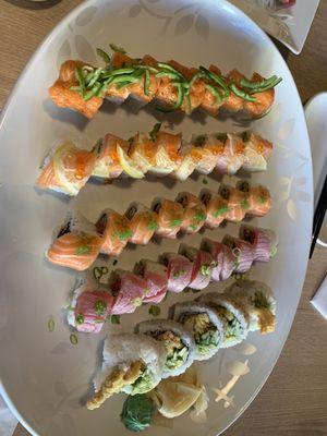 Bubble bubble $14.95, lady bug $13.95, spicy salmon trail $13.95, dragon $12.95, & spider rolls $11.95