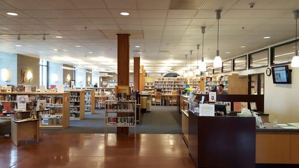 1st floor- adult Fiction, Audio books, magazines,  newspapers, circulation dept., Large Print, music CDs, Children's Library, restrooms