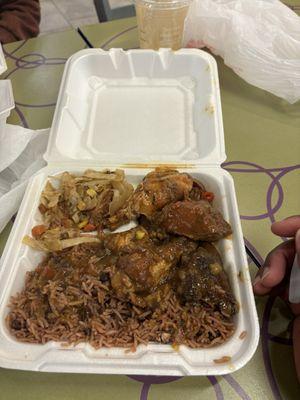 Brown Stew Chicken Rice and Peas Cabbage