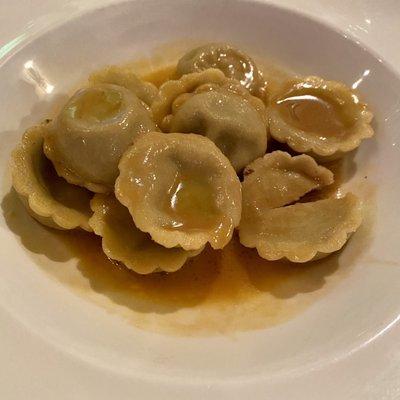 Homemade ravioli filled with braised veal and mushroom, ossobuco sauce