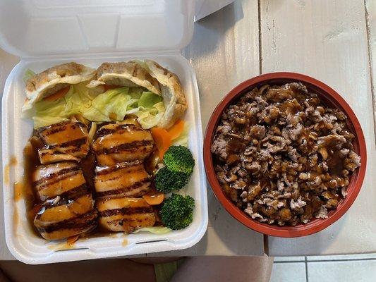 Chicken/dumpling combo + beef teriyaki bowl