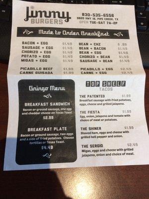 Breakfast menu