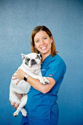 Dr. Barb Darnell and "Evie" her  'old lady' French Bulldog.  14 yrs and still going strong!