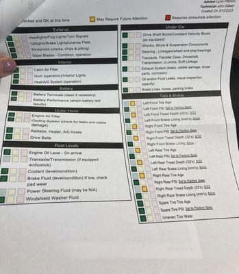 Inspection form indicating tires fine at time of service