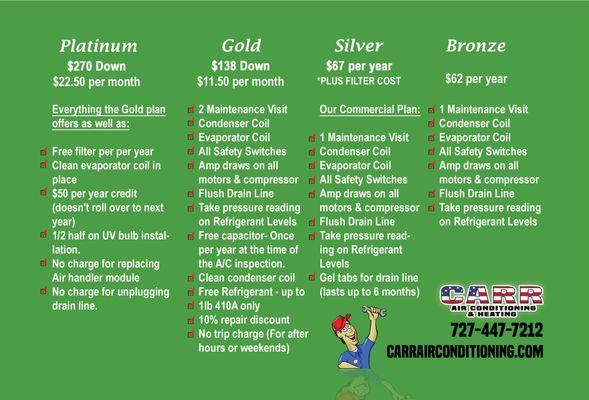 Carr Air Conditioning & Heating offers the following plans to keep your HVAC systems running efficiently and properly.