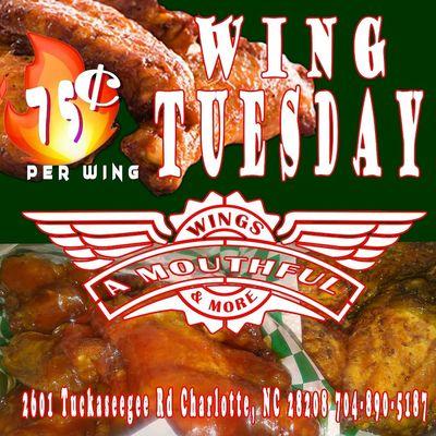 Every Tuesday wings are 75 each with a minimum order is 6...