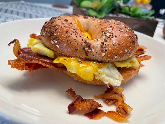 Breakfast sandwich with egg and bacon. Delicious!