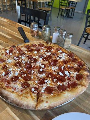 Pepperoni, goat cheese and Hot honey