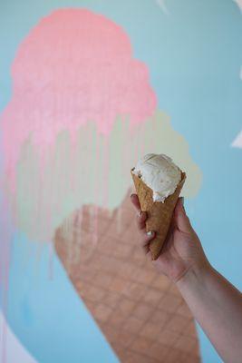 Homemade waffle cone with coconut ice cream