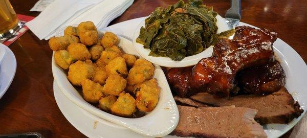 Combo tray ribs, brisket, fried okra, and collard greens