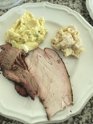 Turkey, brisket, potato salad, Mac and cheese