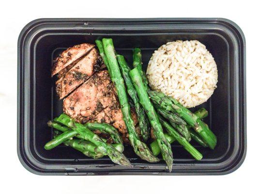 Balsamic glazed chicken, asparagus, brown rice