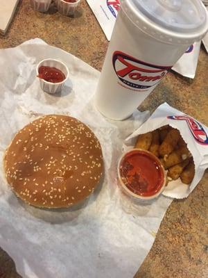 Double cheeseburger meal with mozzarella sticks