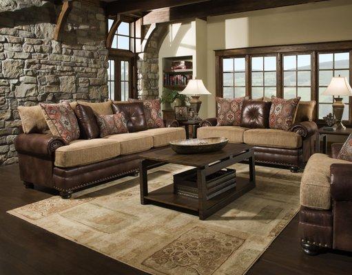 The 8649 Traditional Rolled Arm Sofa with Nail Head Trim by Albany  * Exposed Wood Leg * T-style seat cushions.