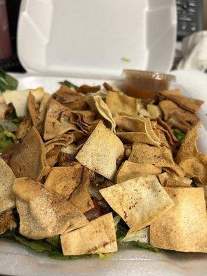 Chicken fattoush salad as promised: not dressed with pita chips on top so the salad didn't get soggy. Thank you!