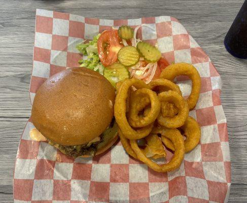 Double Smash Burger with Onion Rings