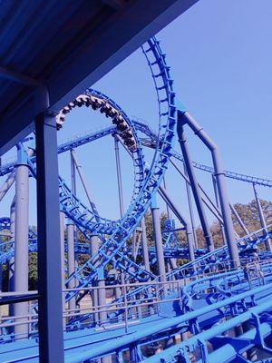 Pictured here is a train navigating the 1st half of the highly unique "butterfly" element. It's only used on 2 coasters in the world!