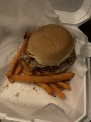 6.99 pulled pork sandwich and sweet potato fries