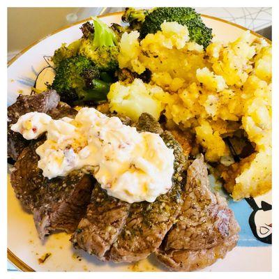 Sirloin Steak with Hot Honey Whipped Feta (I added roasted broccoli)