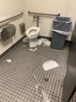 Toilet paper all over the floor. Water on the floor.