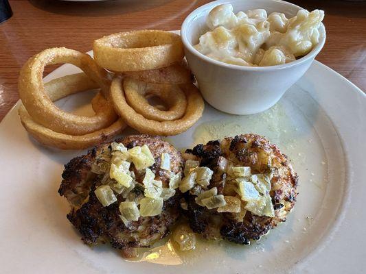 Crab cakes, onion rings, macaroni and cheese