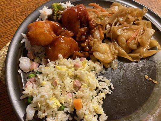 Shrimp chow fun, Yang zhou fried rice, and walnut shrimp.