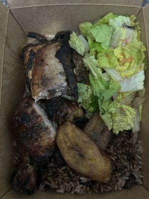 Jerk chicken, 2 plantains, rice and peas with salad (dressing on the side)