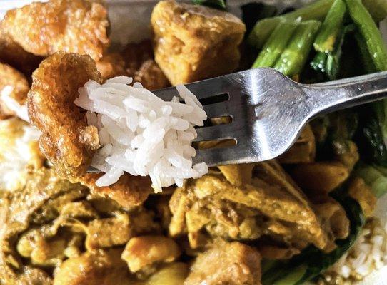 Combo platter. Bokchoy, battered fish, and chicken curry over rice. 3 sides over rice. $7.50 + tip