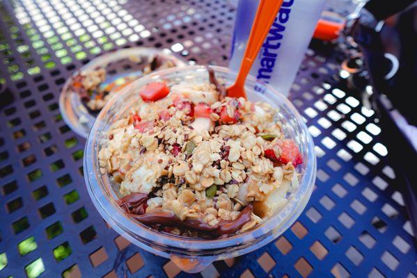 Greek Yogurt Peanut Butter Strawberry Banana Waffle Bowl with Chocolate Hazelnut